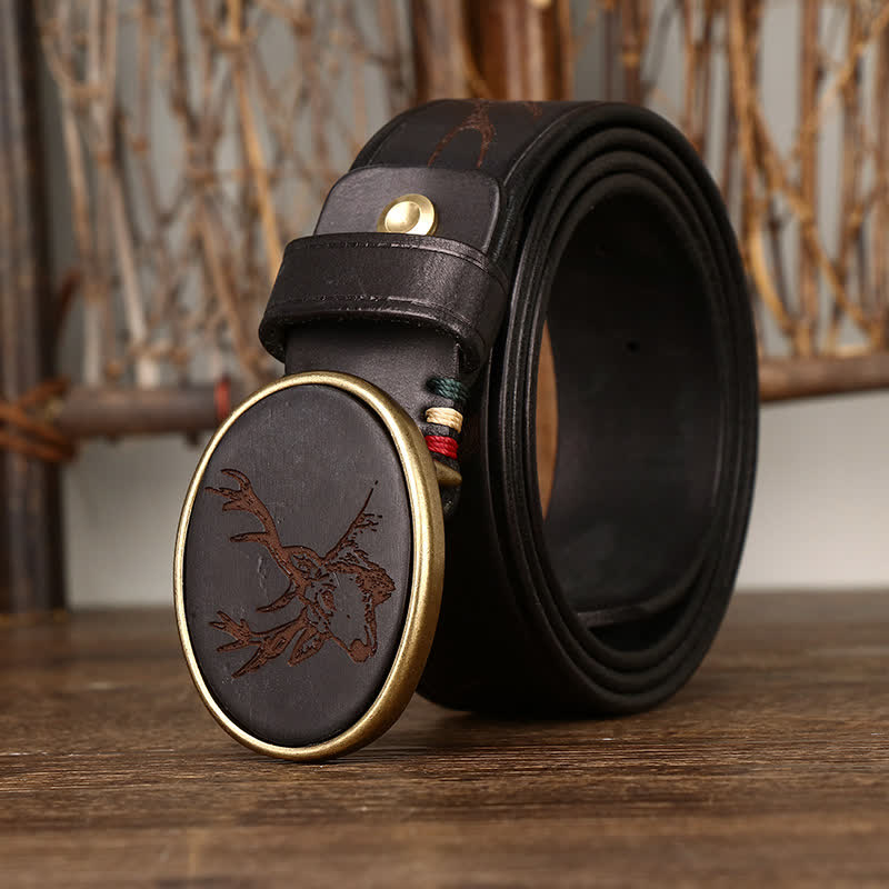 Men's Laser Engraving Deer Pattern Leather Belt - image 1