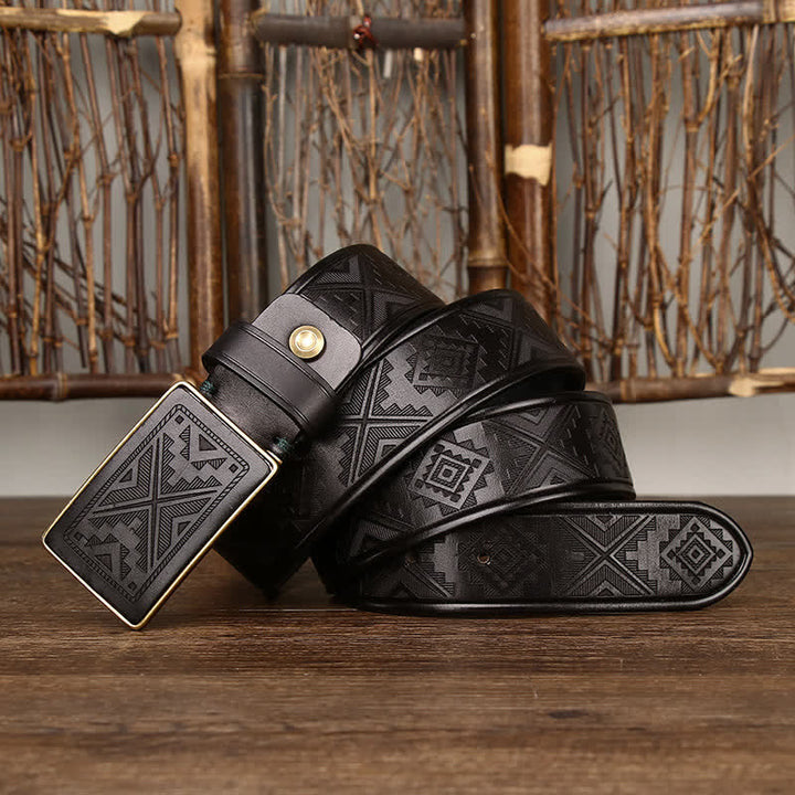 Men's Square Buckle Engraving Totem Pattern Leather Belt - Black - 46 - image 5