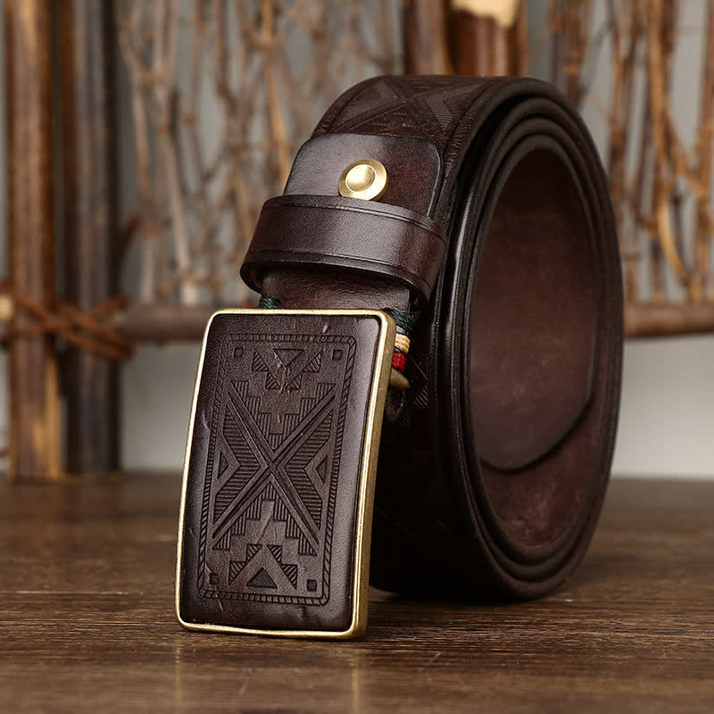 Men's Square Buckle Engraving Totem Pattern Leather Belt - image 4