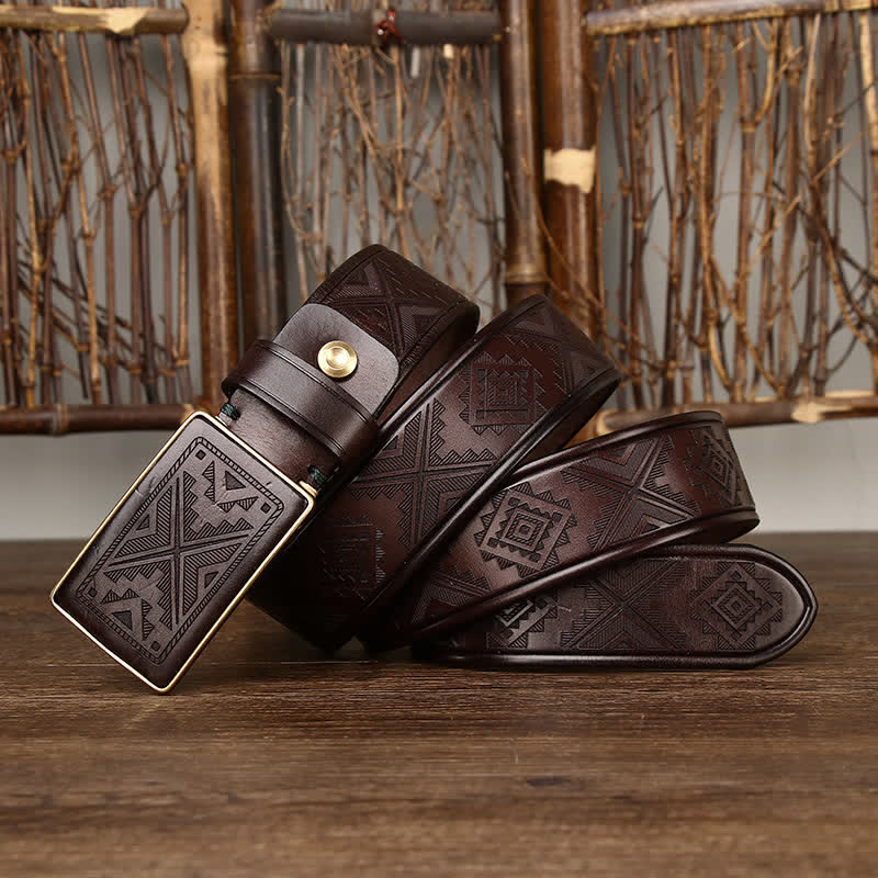 Men's Square Buckle Engraving Totem Pattern Leather Belt - Coffee - 46 - image 0