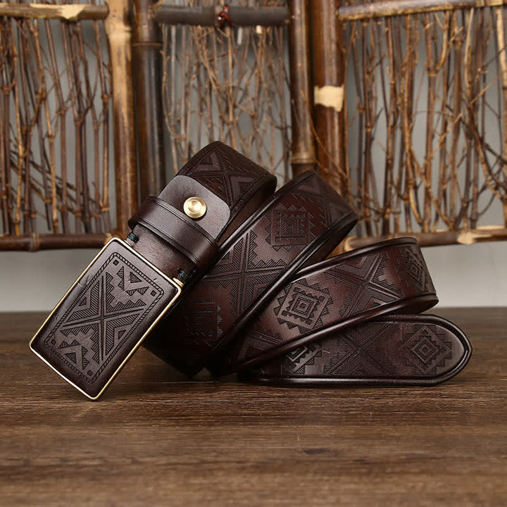 Men's Square Buckle Engraving Totem Pattern Leather Belt - Coffee - 46 - image 0