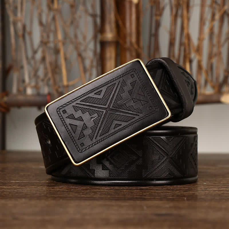 Men's Square Buckle Engraving Totem Pattern Leather Belt - image 6