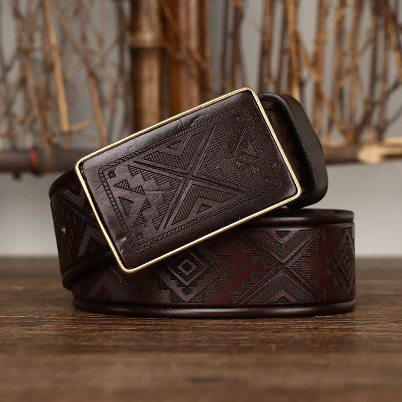 Men's Square Buckle Engraving Totem Pattern Leather Belt - image 3
