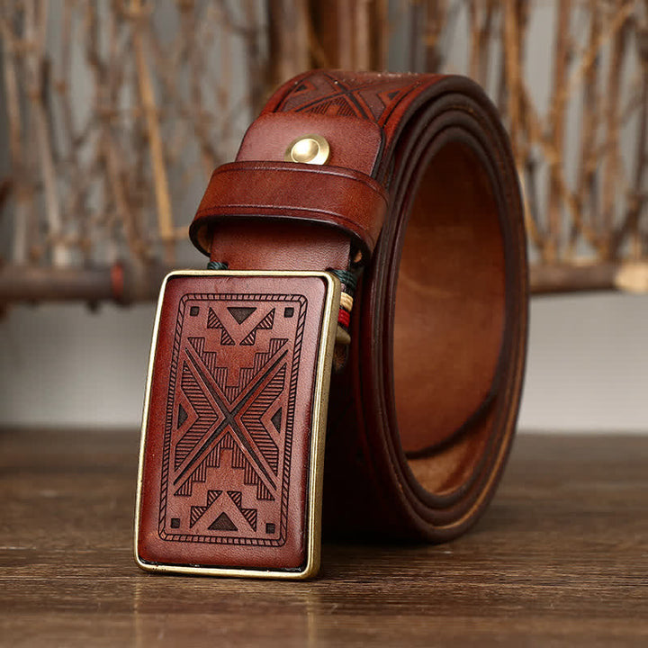 Men's Square Buckle Engraving Totem Pattern Leather Belt - image 10