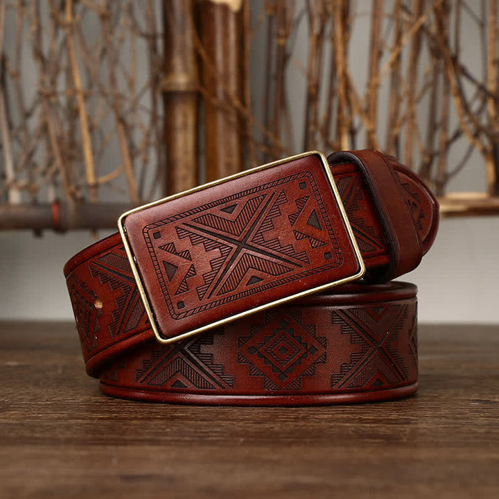 Men's Square Buckle Engraving Totem Pattern Leather Belt - image 9