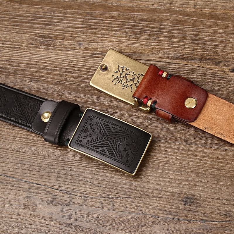Men's Square Buckle Engraving Totem Pattern Leather Belt - image 2