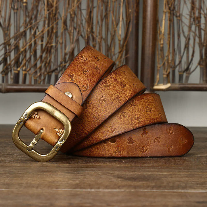 Men's Timeless Anchor Embossing Genuine Leather Belt - Yellowish Brown - 44 - image 5