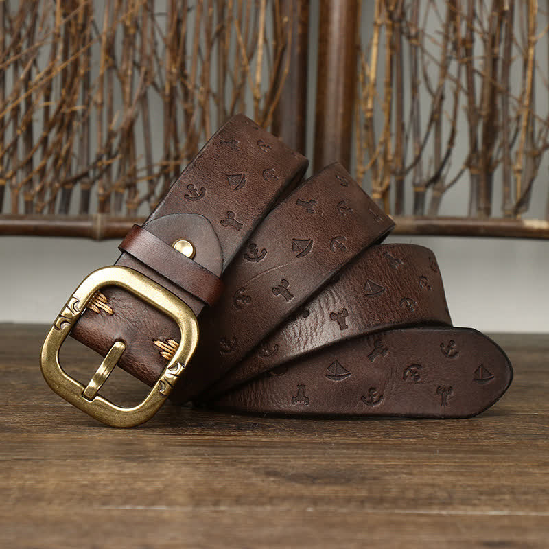 Men's Timeless Anchor Embossing Genuine Leather Belt - Coffee - 44 - image 11