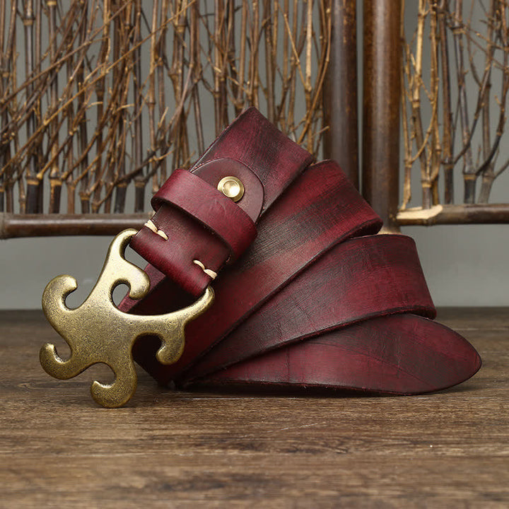 Men's Retro Star Burst Brass Buckle Leather Belt - Reddish Brown - 46 - image 8