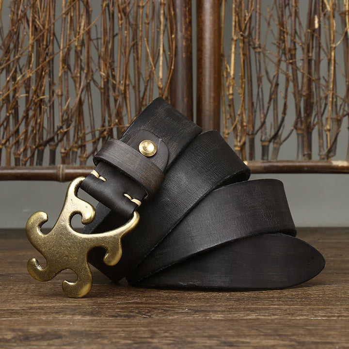 Men's Retro Star Burst Brass Buckle Leather Belt - Black - 46 - image 11