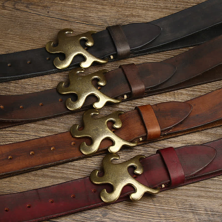 Men's Retro Star Burst Brass Buckle Leather Belt - image 1