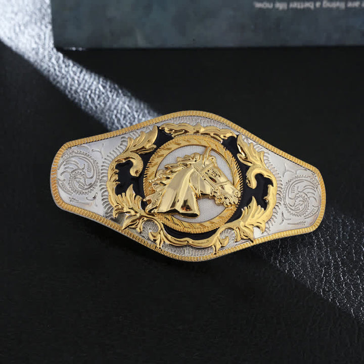 Men's DIY Western Golden Animal Buckle Leather Belt - Horse Head - Without Belt - image 1