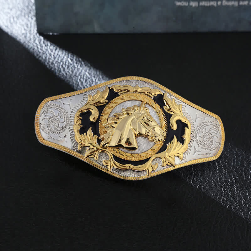Men's DIY Western Golden Animal Buckle Leather Belt - Horse Head - Without Belt - image 0