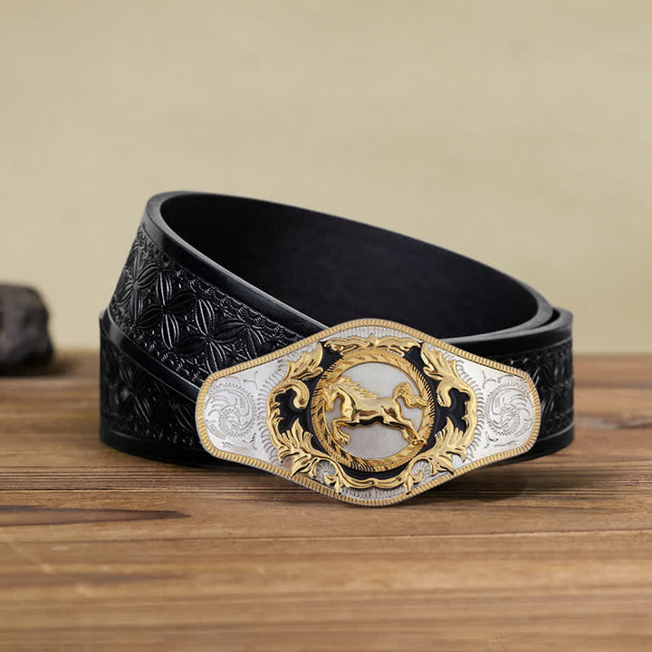 Men's DIY Western Golden Animal Buckle Leather Belt - Running Horse - Black Embossed Weave Belt (110 cm/44 inch) - image 15