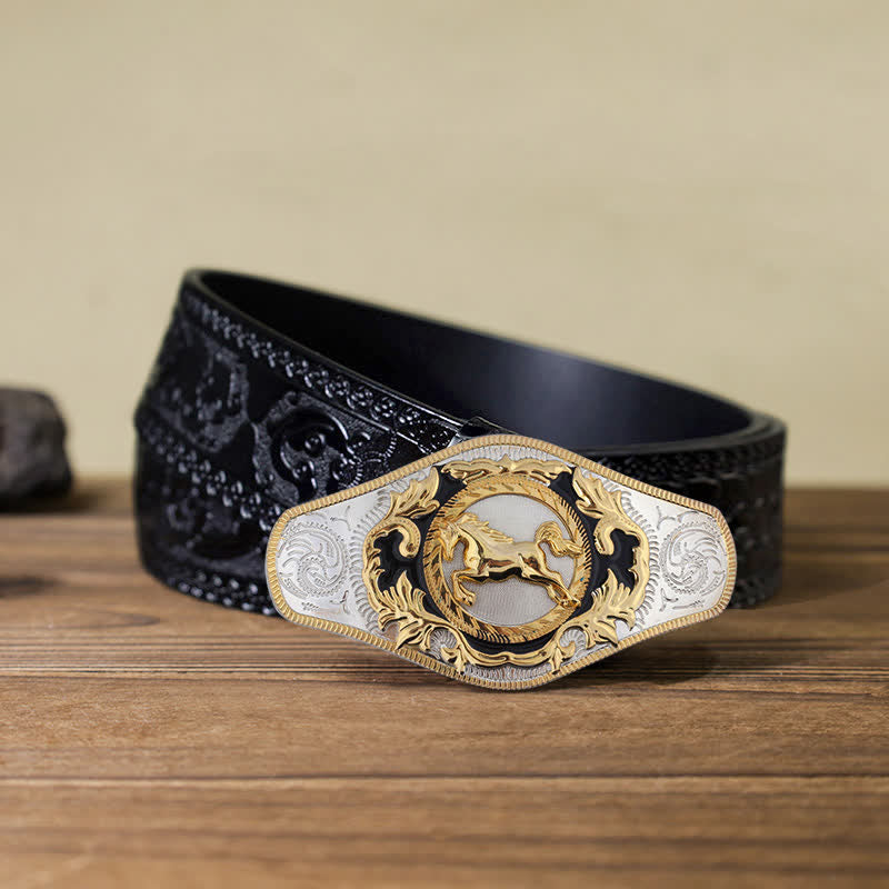 Men's DIY Western Golden Animal Buckle Leather Belt - Running Horse - Black Carved Belt (115 cm/46 inch) - image 16