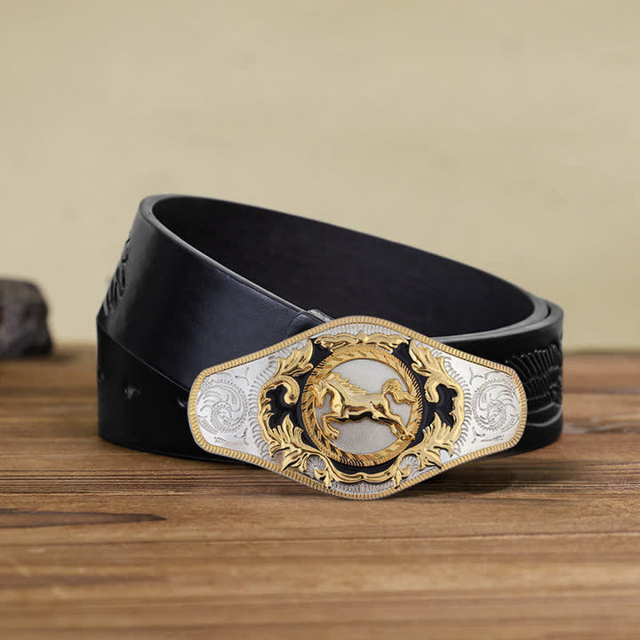 Men's DIY Western Golden Animal Buckle Leather Belt - Running Horse - Black Embossed Eagle Belt (110 cm/44 inch) - image 14