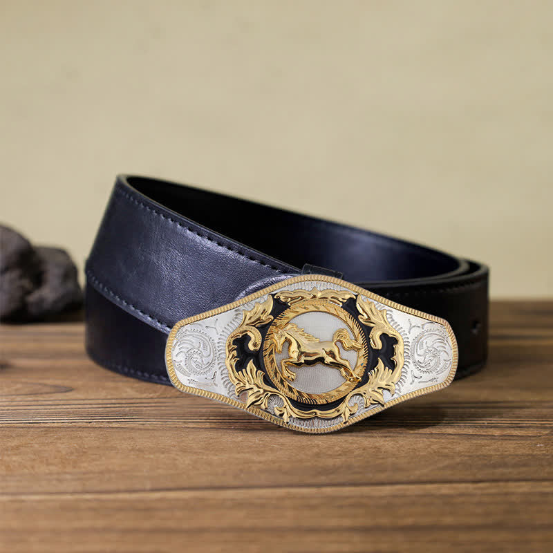 Men's DIY Western Golden Animal Buckle Leather Belt - Running Horse - Black PU Belt (115 cm/46 inch) - image 12