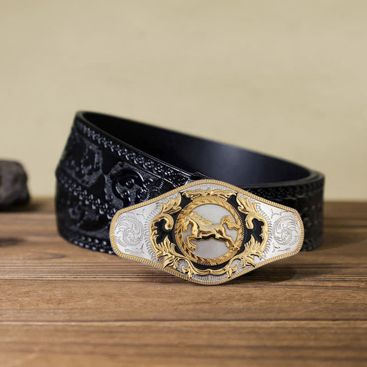 Men's DIY Western Golden Animal Buckle Leather Belt - Running Horse - Black Carved Belt (115 cm/46 inch) - image 15