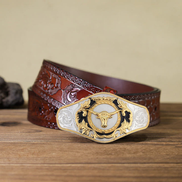 Men's DIY Western Golden Animal Buckle Leather Belt - Bull Head - Brown Carved Belt (115 cm/46 inch) - image 24