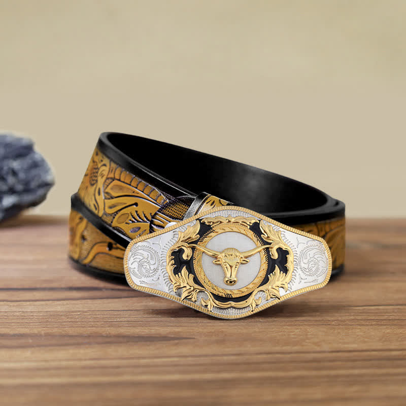 Men's DIY Western Golden Animal Buckle Leather Belt - Bull Head - SandyBrown Belt (115 cm/46 inch) - image 26