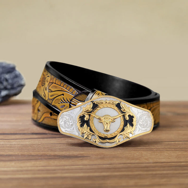 Men's DIY Western Golden Animal Buckle Leather Belt - Bull Head - SandyBrown Belt (115 cm/46 inch) - image 26