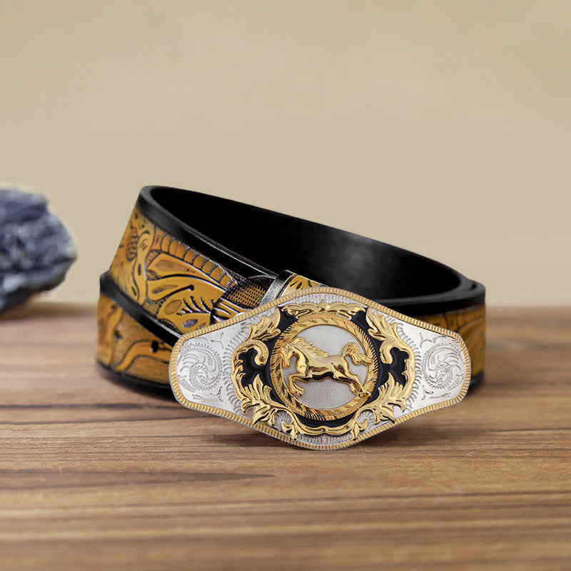 Men's DIY Western Golden Animal Buckle Leather Belt - Running Horse - SandyBrown Belt (115 cm/46 inch) - image 17