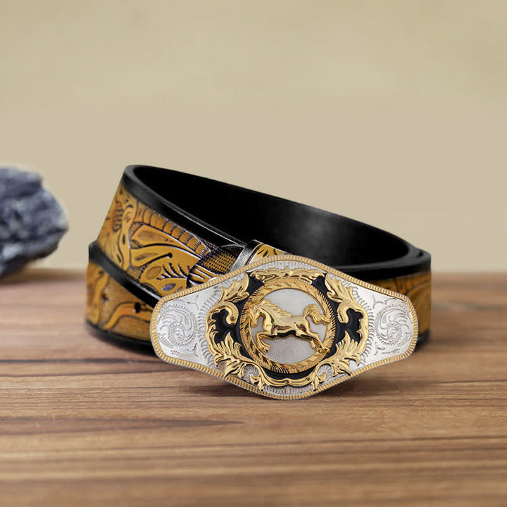 Men's DIY Western Golden Animal Buckle Leather Belt - Running Horse - SandyBrown Belt (115 cm/46 inch) - image 17