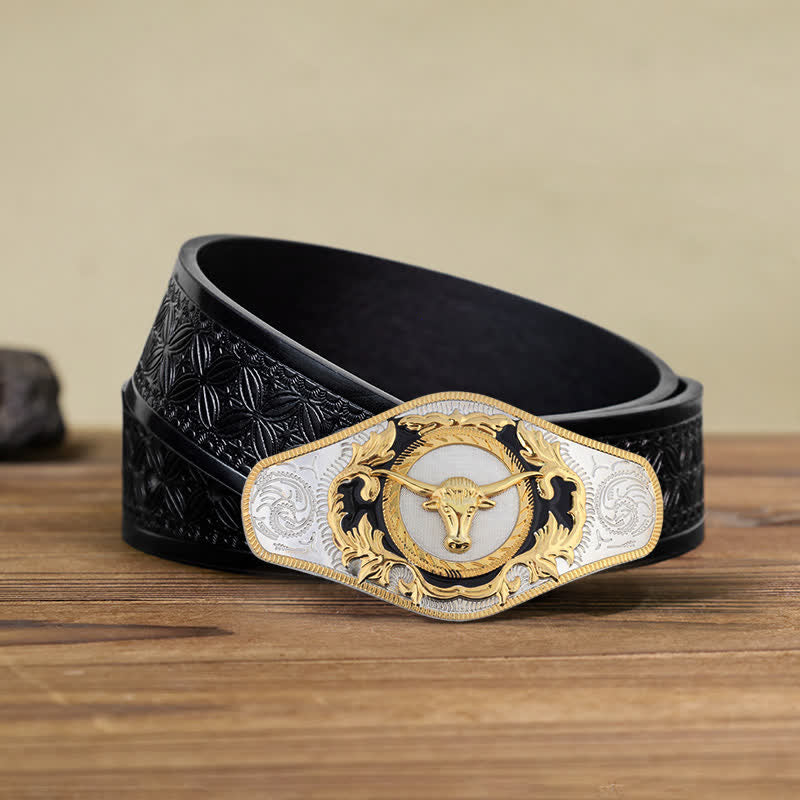 Men's DIY Western Golden Animal Buckle Leather Belt - Bull Head - Black Embossed Weave Belt (110 cm/44 inch) - image 22