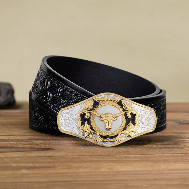 Men's DIY Western Golden Animal Buckle Leather Belt - Bull Head - Black Embossed Weave Belt (110 cm/44 inch) - image 22