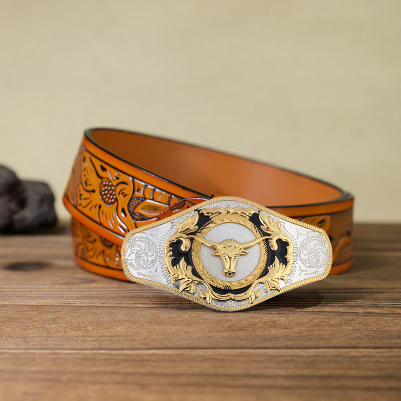 Men's DIY Western Golden Animal Buckle Leather Belt - Bull Head - Orange Carved Belt (115 cm/46 inch) - image 26