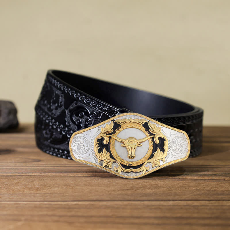 Men's DIY Western Golden Animal Buckle Leather Belt - Bull Head - Black Carved Belt (115 cm/46 inch) - image 23