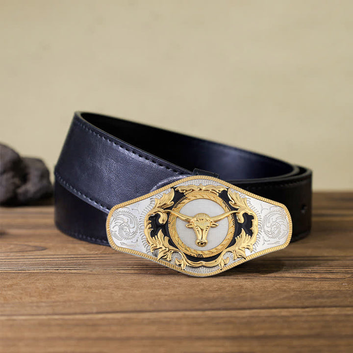 Men's DIY Western Golden Animal Buckle Leather Belt - Bull Head - Black PU Belt (115 cm/46 inch) - image 20