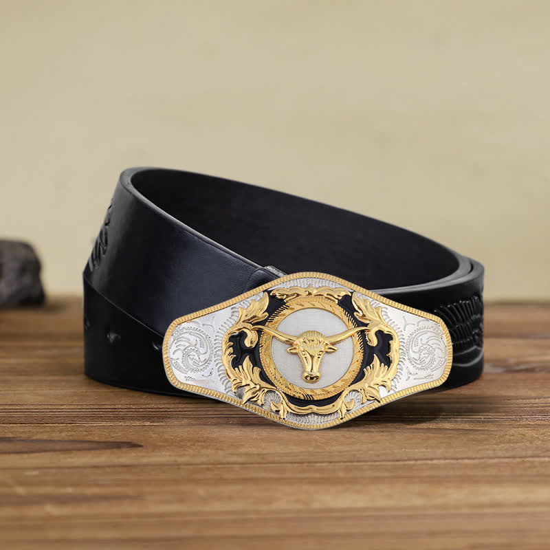 Men's DIY Western Golden Animal Buckle Leather Belt - Bull Head - Black Embossed Eagle Belt (110 cm/44 inch) - image 21