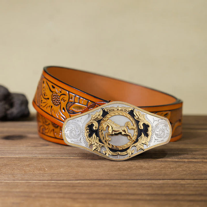 Men's DIY Western Golden Animal Buckle Leather Belt - Running Horse - Orange Carved Belt (115 cm/46 inch) - image 18