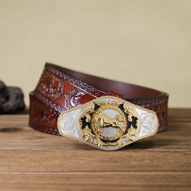 Men's DIY Western Golden Animal Buckle Leather Belt - Running Horse - Brown Carved Belt (115 cm/46 inch) - image 17