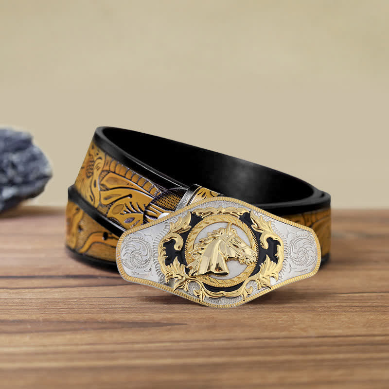 Men's DIY Western Golden Animal Buckle Leather Belt - Horse Head - SandyBrown Belt (40) - image 9