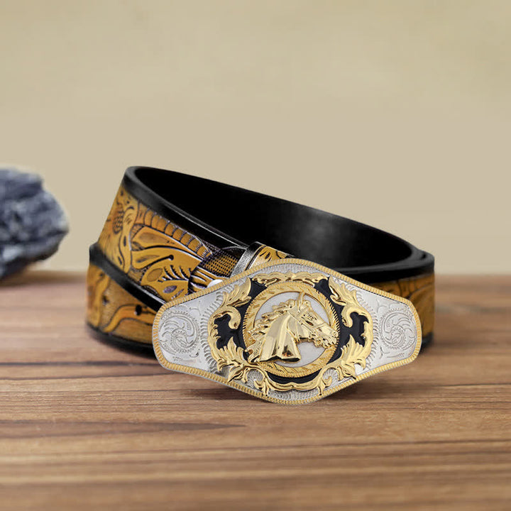 Men's DIY Western Golden Animal Buckle Leather Belt - Horse Head - SandyBrown Belt (40) - image 9