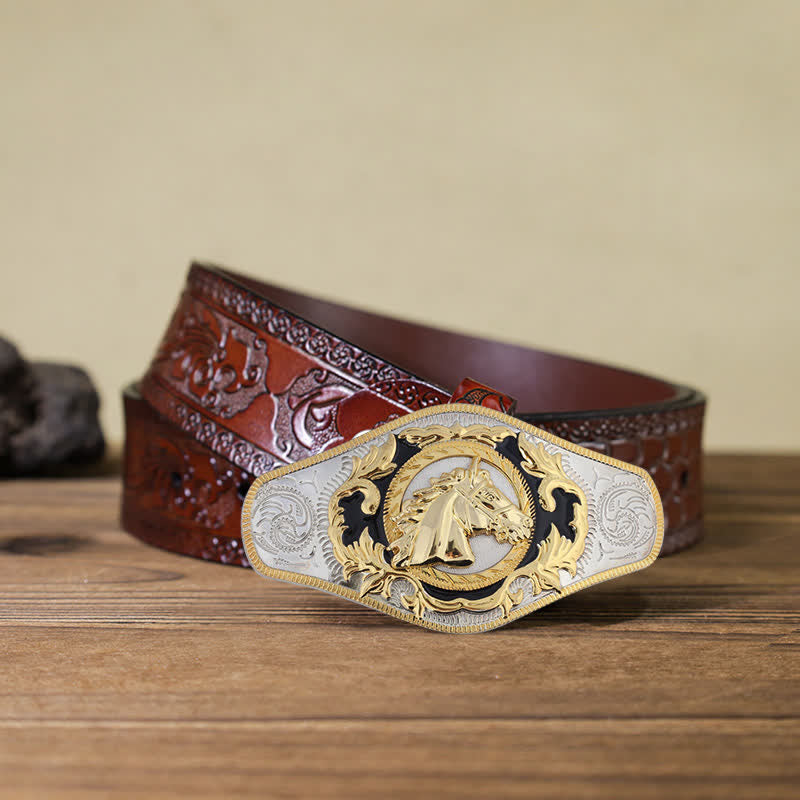 Men's DIY Western Golden Animal Buckle Leather Belt - Horse Head - Brown Carved Belt (40) - image 9