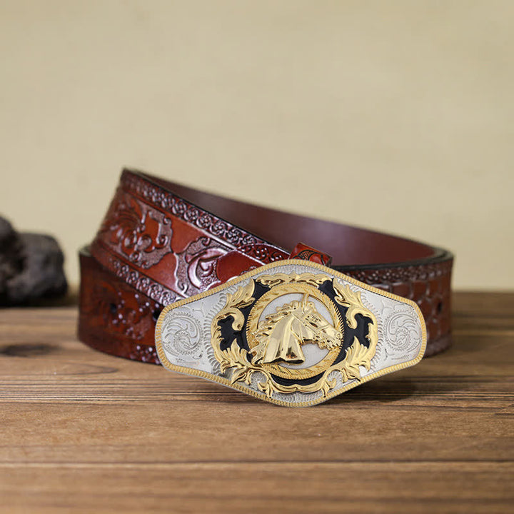 Men's DIY Western Golden Animal Buckle Leather Belt - Horse Head - Brown Carved Belt (40) - image 9