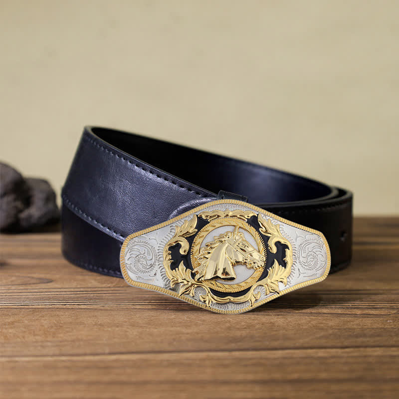 Men's DIY Western Golden Animal Buckle Leather Belt - Horse Head - Black PU Belt (40) - image 4