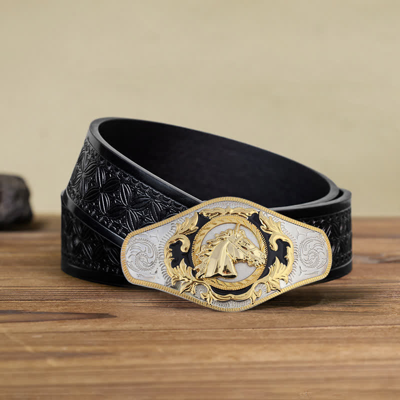 Men's DIY Western Golden Animal Buckle Leather Belt - Horse Head - Black Embossed Weave Belt (40) - image 7