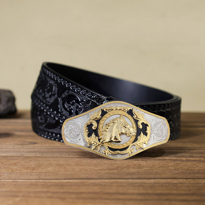 Men's DIY Western Golden Animal Buckle Leather Belt - Horse Head - Black Carved Belt (40) - image 7