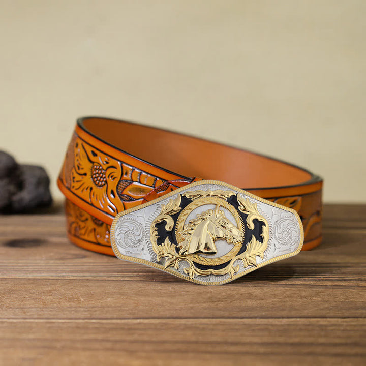 Men's DIY Western Golden Animal Buckle Leather Belt - Horse Head - Orange Carved Belt (40) - image 11