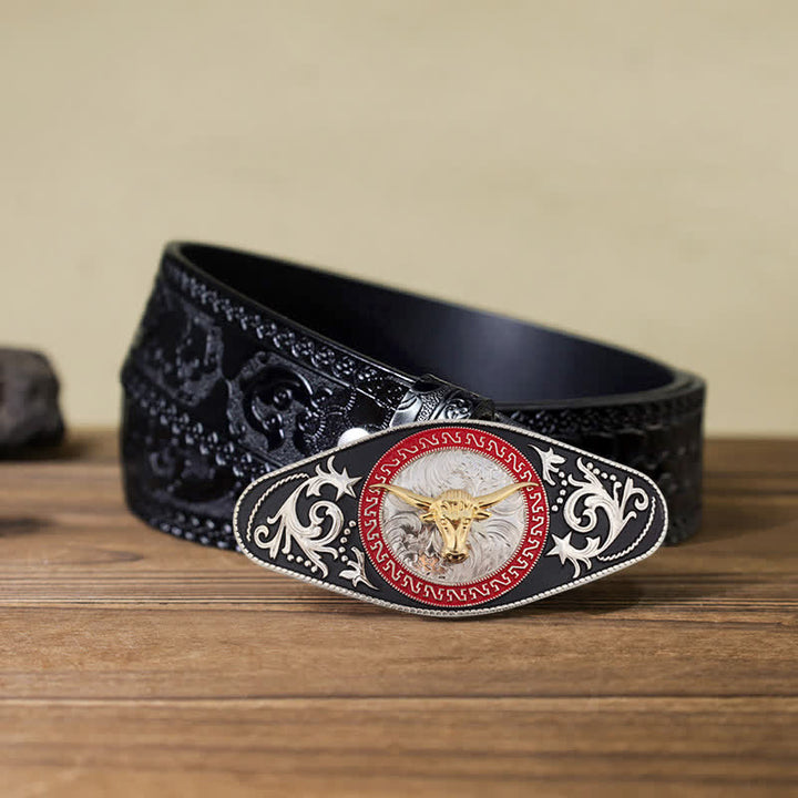 Men's DIY Western Black Gold Animal Buckle Leather Belt - Bull Head - Black Carved Belt (40) - image 26