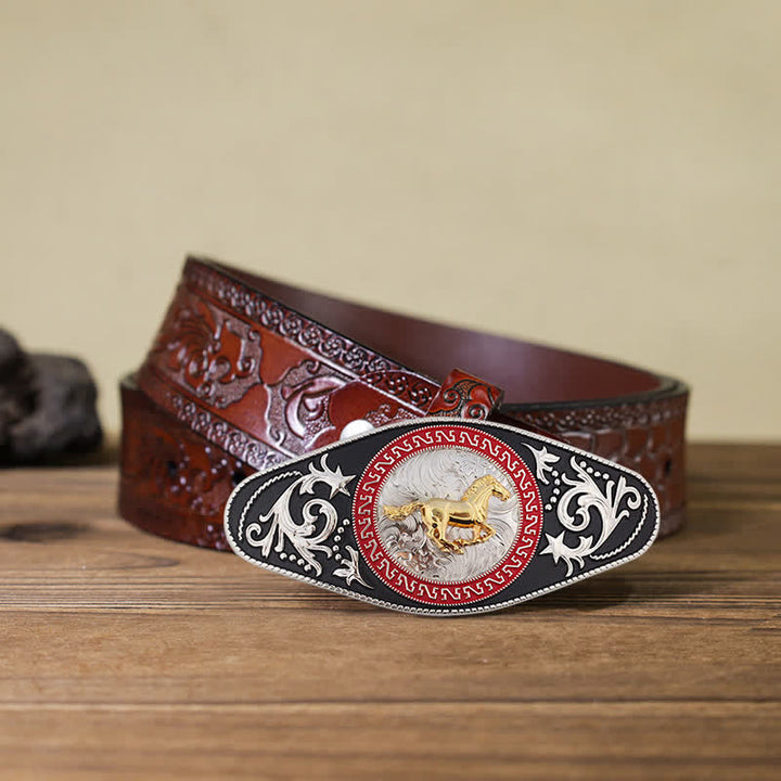 Men's DIY Western Black Gold Animal Buckle Leather Belt - Running Horse - Brown Carved Belt (40)ch) - image 10