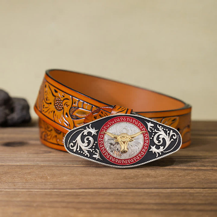 Men's DIY Western Black Gold Animal Buckle Leather Belt - Bull Head - Orange Carved Belt (40) - image 29