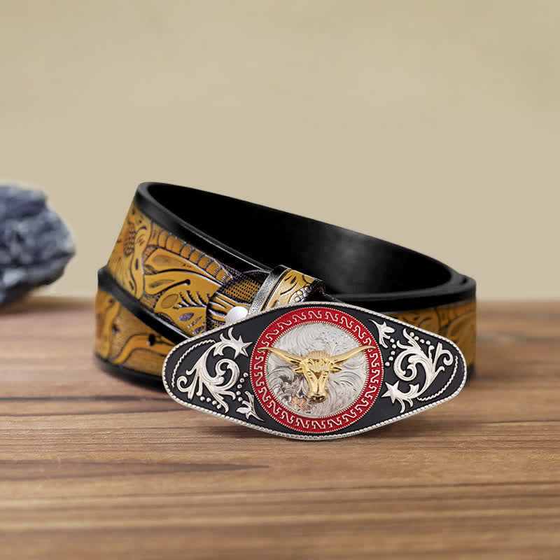 Men's DIY Western Black Gold Animal Buckle Leather Belt - Bull Head - SandyBrown Belt (40) - image 29