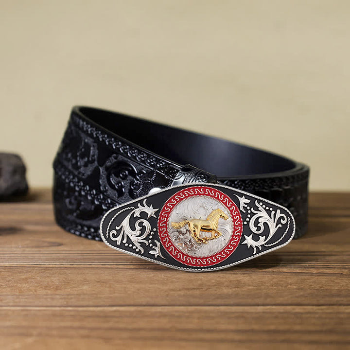 Men's DIY Western Black Gold Animal Buckle Leather Belt - Running Horse - Black Carved Belt (40) - image 9