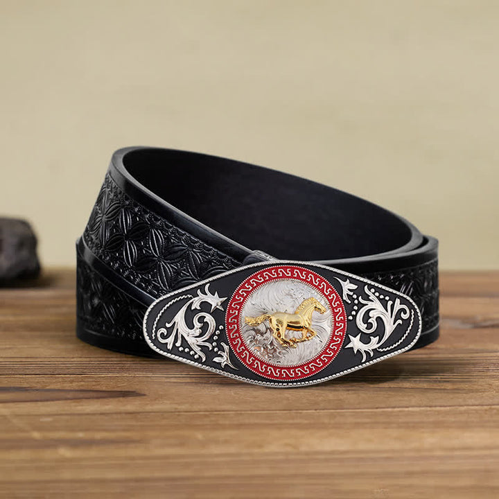 Men's DIY Western Black Gold Animal Buckle Leather Belt - Running Horse - Black Embossed Weave Belt (40) - image 8