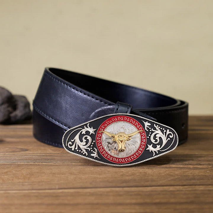 Men's DIY Western Black Gold Animal Buckle Leather Belt - Bull Head - Black PU Belt (40) - image 24